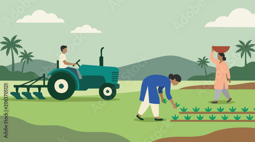 Quadro su tela Farmers cultivating land with tractor and manual labor in a rural landscape