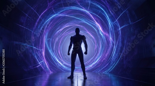Human Silhouette Purple Neon Portal Circle Dark AI Concept