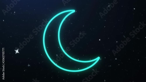 Neon Crescent Moon in Starry Night Sky.