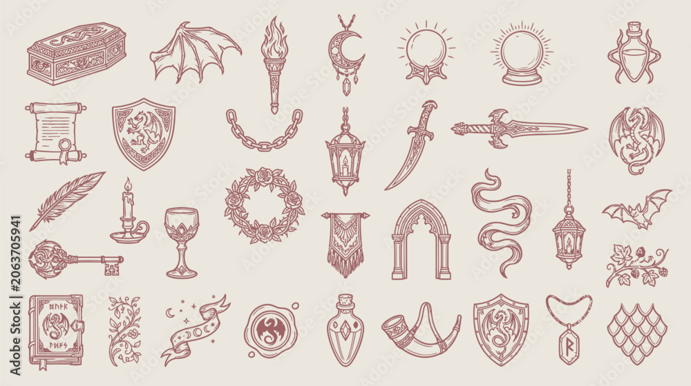 Naklejka premium Collection of fantasy and gothic icons, including mystical symbols, weapons, and decorative elements.