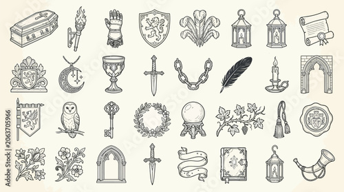 Fotografie Collection of medieval and fantasy design elements including crests, weapons, and mystical symbols