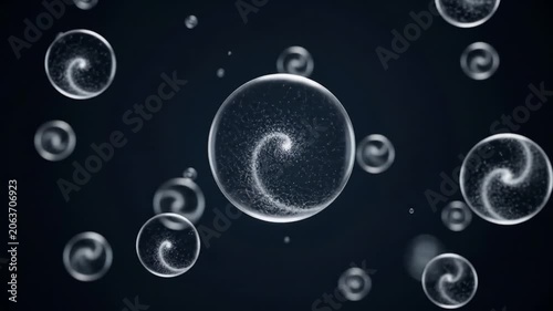 Futuristic Swirling Energy Orbs Floating in Dark Cosmic Abstract Background.