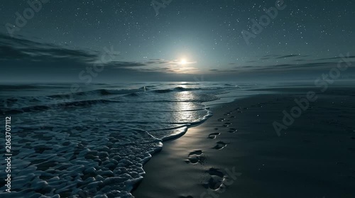 An empty beach under moonlight with gentle waves reflecting stars, solitary footprints in wet sand, and a peaceful, dreamy summer night atmosphere.
