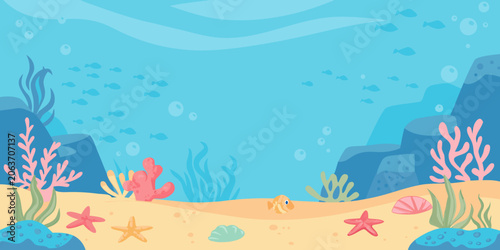 Underwater scene vector illustration with coral fish and seaweed