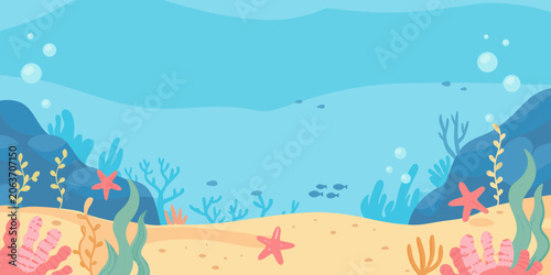 Underwater Scene Vector Illustration With Coral Fish And Starfish