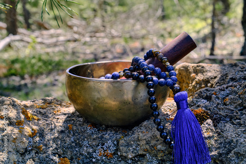 Tibetan singing bowl with rosary mala