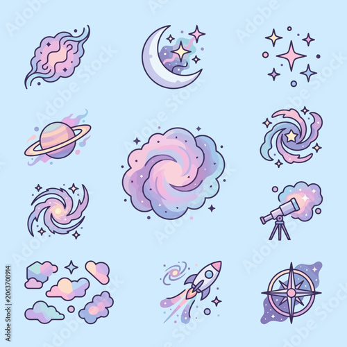A collection of cute pastel space icons on blue background