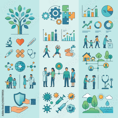 Vector icons representing healthcare, community and environment
