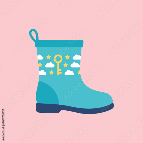 A blue rubber boot with a pattern of clouds and keys