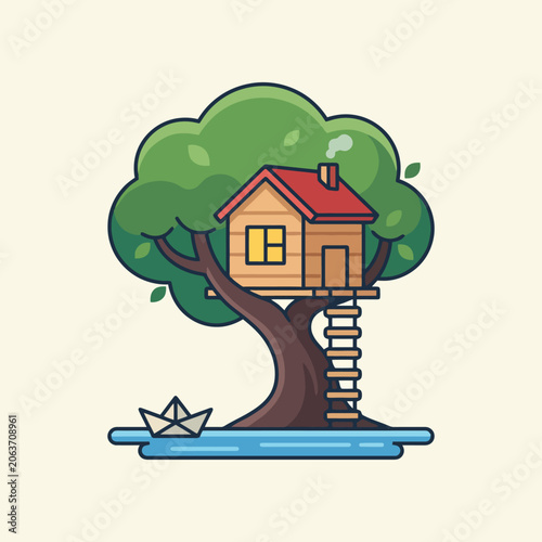 A small wooden treehouse sits nestled in a large green tree