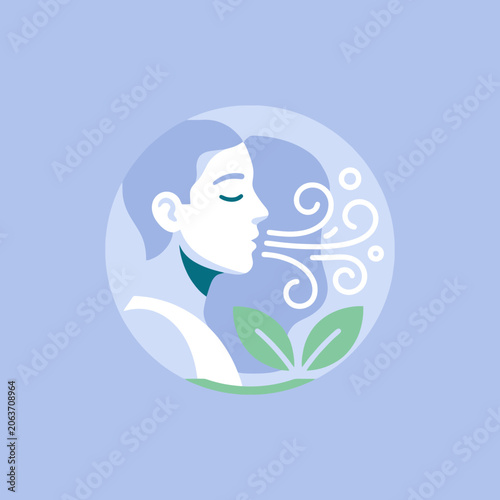 A person exhaling fresh air near green leaves in a circle