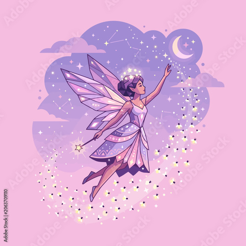 A magical fairy flying through the night sky with glowing stars