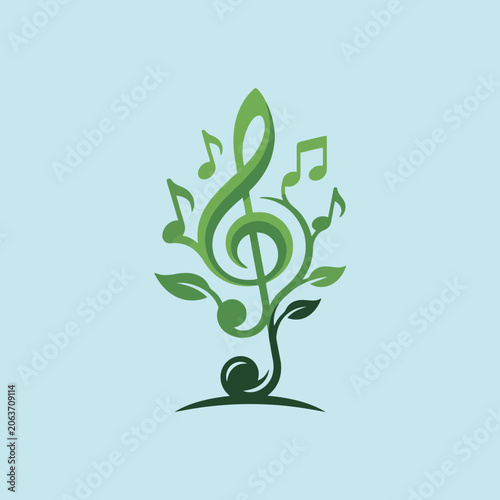 A green musical note growing like a plant on light blue background