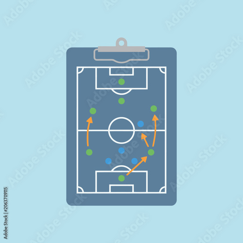 A soccer tactic board showing game strategy on a clipboard