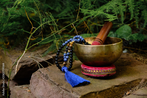 Tibetan singing bowl with rosary mala