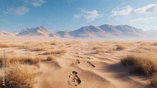 A tranquil beach with a series of footprints leading down to the water's edge