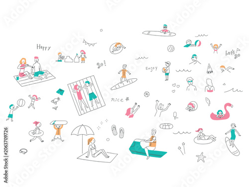 海水浴とマリンスポーツの手描き風イラストセット