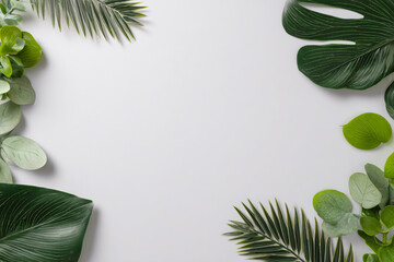 Tropical leaves frame with lush greenery on white background