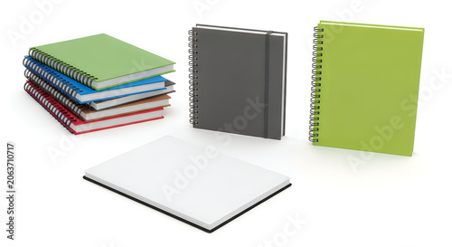 Spiral bound notebooks in different colors stacked and single