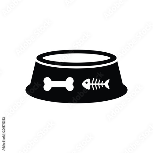 Pet Food Bowl With Bone And Fish Silhouette On White Background