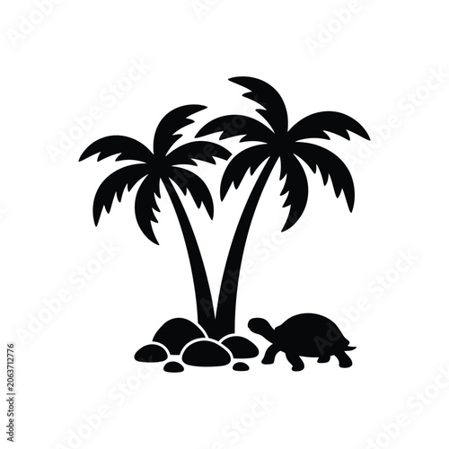 Palm trees and turtles silhouette on a white background
