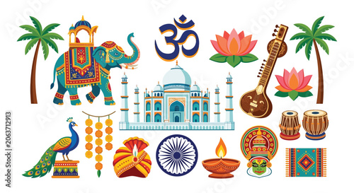 Schilderij op canvas Indian Cultural Elements Vector Illustration Featuring The Taj Mahal Elephant Lo
