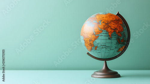 Vintage desk globe sitting on a clean blue and green minimalist surface