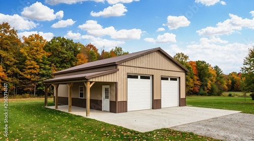 Modern metal garage building with lean-to porch in colorful autumn landscape