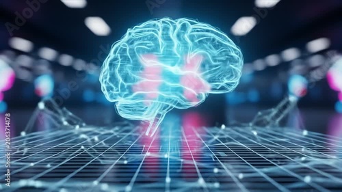 Futuristic AI Brain Hologram in Digital Tech Corridor  Artificial Intelligence.
