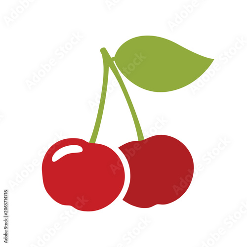 Vector icon logo cherry isolated on white background. Vector flat cherry icon, illustration of two sweet cherries with leaf isolated of white background, summer red berry.