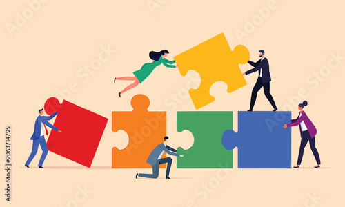 Professional business team working together to assemble large colorful puzzle pieces in a flat vector illustration style that represents corporate collaboration and strategic problem solving success