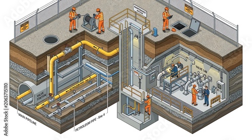 Isometric cross-section of underground infrastructure construction site with workers and machinery.