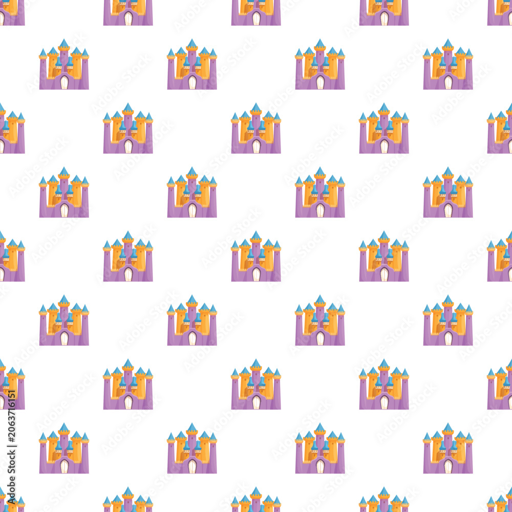 Naklejka premium Cartoon fairytale castle creating a vibrant seamless repeating pattern