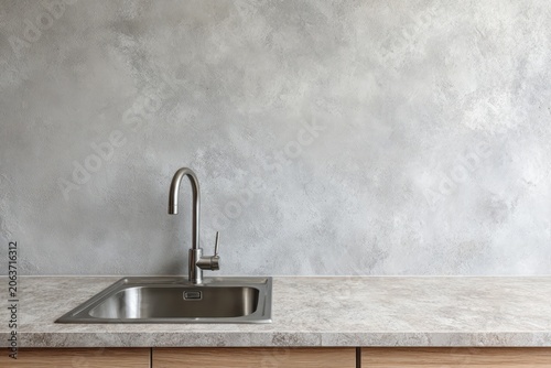 A modern kitchen sink with a metallic faucet and speckled countertop.