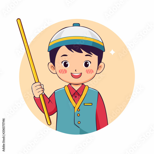 Cartoon boy holding a pointer stick, wearing a kufi hat and vest