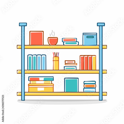 Illustration of a Colorful Bookshelf with Books and a Hot Drink