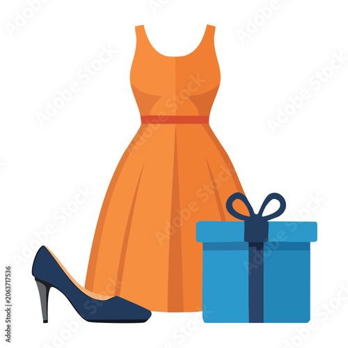 Orange dress with gift box and high heel shoe illustration