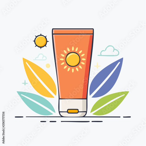 Sunscreen tube with sun and leaves illustration
