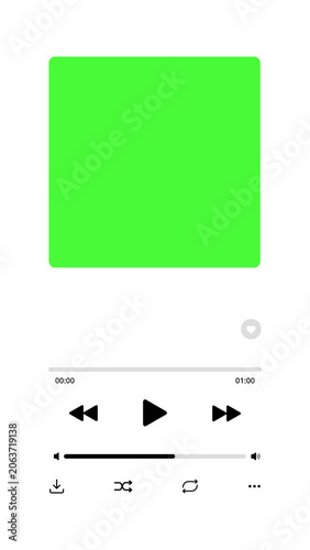 Vector illustration of a mobile music player app interface featuring a bright green chroma key album art placeholder, playback controls, progress bar, volume slider, and action icons.