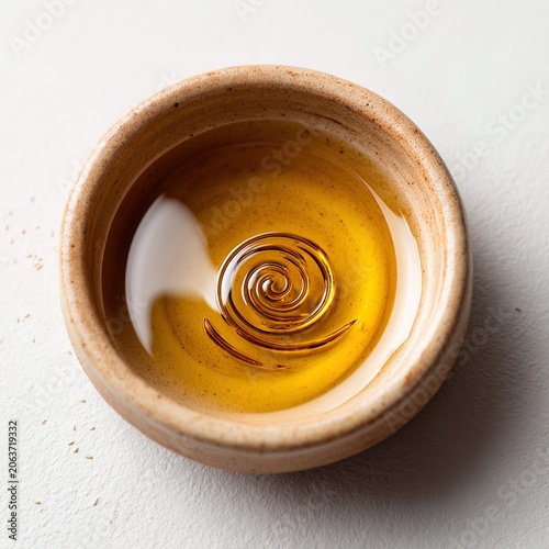 Golden Olive Oil in Rustic Ceramic Bowl with Spiral Pattern