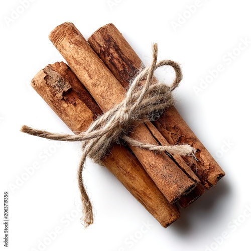 Bundle of Cinnamon Sticks Tied with Twine on White Background