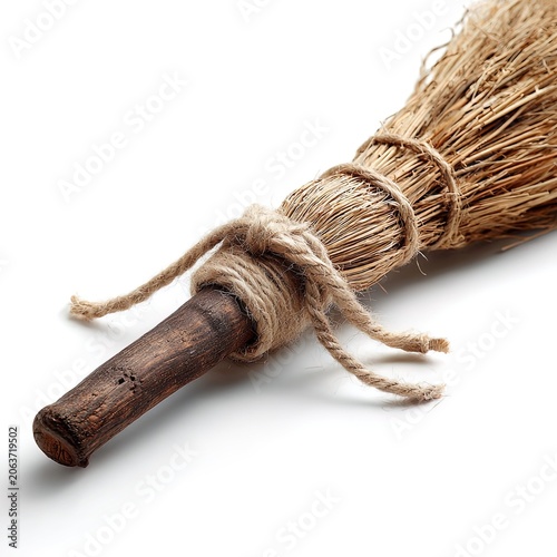 Rustic Broom with Wooden Handle Isolated on White Background