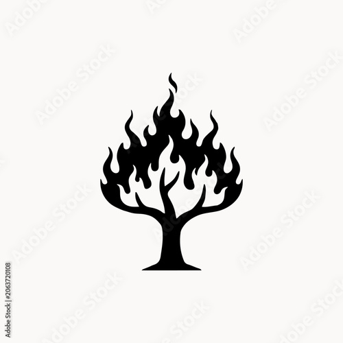 Black silhouette of a tree on fire with flames