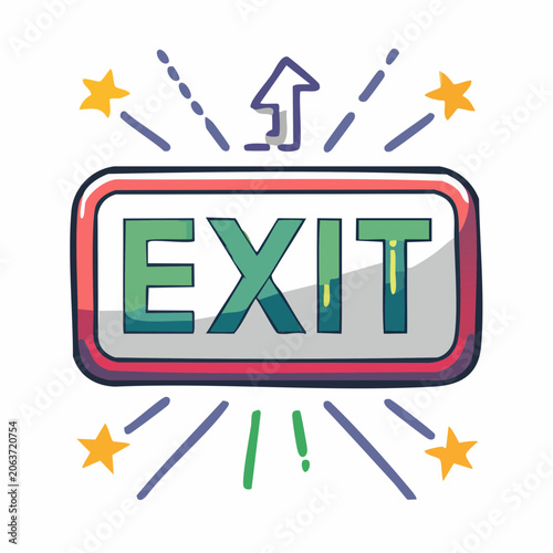 Cartoon Exit Sign with Up Arrow and Stars