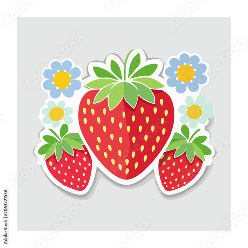 Stylized strawberry with berries and flowers
