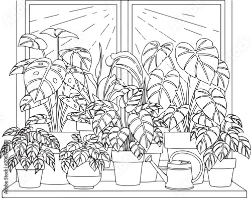 indoor jungle window plants flat design vector illustration, Generative Ai