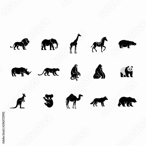 Photography Black silhouettes of various wild animals on white background
