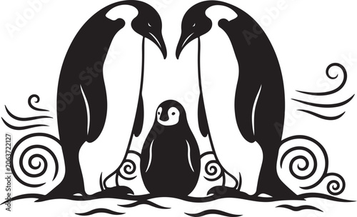 family of penguins on ice vector illustration, Generative Ai
