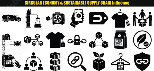 Collection of supply chain pictograms and elements in a two tone style logistics distribution delivery packaging recycling reuse circular economy sustainability eco friendly environment carbon dioxide