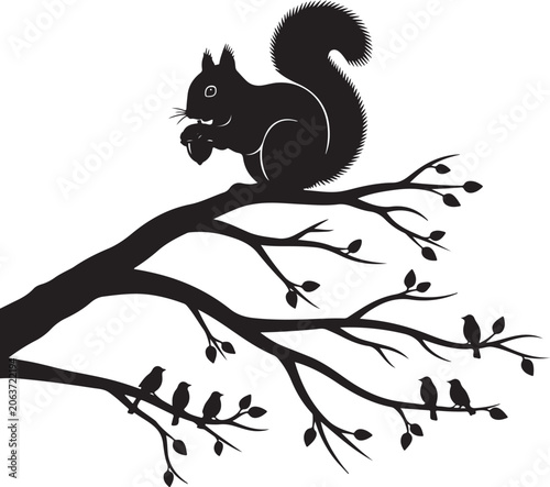 squirrel on tree branch with birds vector illustration, Generative Ai